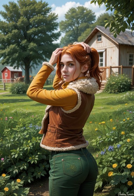 score_9, score_8_up, score_7_up,, high res ima , source_photo, source_real, (realistic:1.4),
1girl, cowboy shot, solo, , hands on head, pride, ,
ass, 
outdoors, farm, garden, <lora:Robin_-_IL:0.8> Robin_SDV, green eyes, orange hair, ponytail, yellow turtleneck, green pants, brown vest, fur trim, masterpiece, best quality, good quality, newest