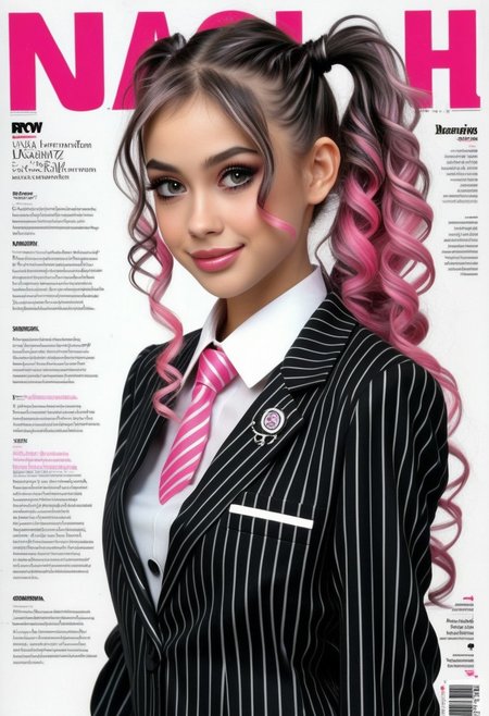 24yo beauty UZ_THIN posing on magazine frontpage, wearing <striped business uniform>