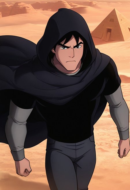 masterpiece, best quality, amazing quality, very aesthetic, absurdres, newest,
kevaf, black hair, 1boy, solo, black shirt, layered sleeves, short over long sleeves, thick eyebrows,
 angry,, desert, strog wings, cloak, black cloak, cloaked up, hood up, desert sands, sand dunes, egyptian pyramids, flowing cloak,