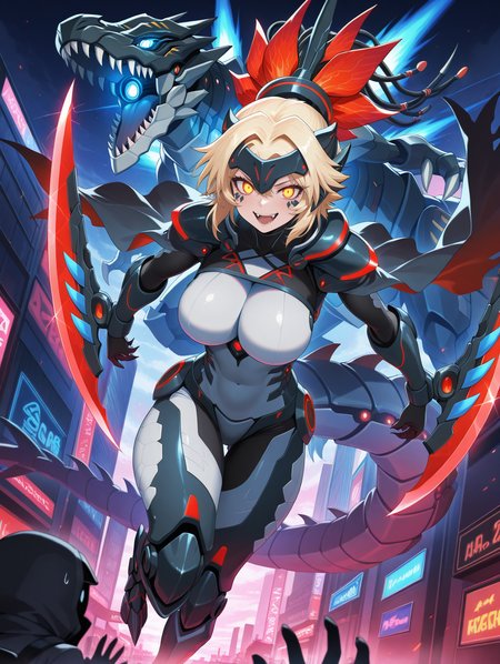 dinomorphia kentregina,large breasts,open mouth,mechanical headgear,mechanical claw boots,city,(1girl, 1other),sharp teeth,black cape,fang,looking at viewer,mechanical gauntlets,smile,solo focus,fangs,sidelocks,grey bodysuit,mechanical forehead protector,facial mark,red arm blade,mecha dragon girl,mechanical tyrannosaurus rex,dinomorphia rexterm,blue glowing eyes,
masterpiece,best quality,amazing quality,very aesthetic,absurdres,newest,<lora:Dinomorphia Kentregina illuXL v1:0.7>,