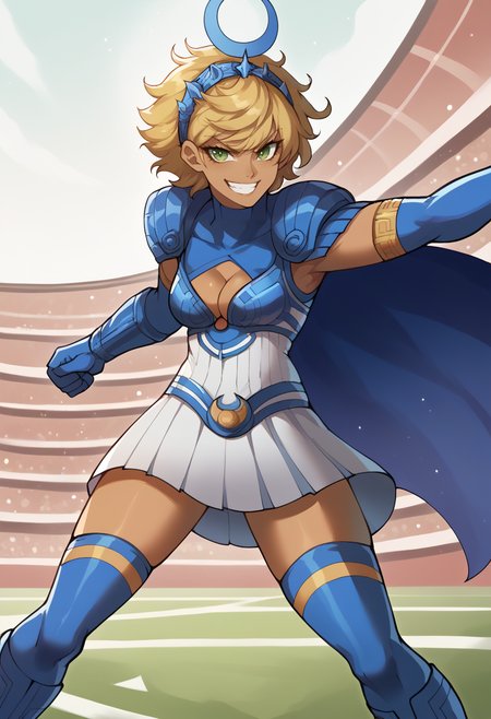 score_9, score_8_up, score_7_up, source_anime BREAK 1girl, solo,  <lora:thiccwithaq-artist-richy-v1_pdxl:1> <lora:zs_ArtemisXL:1> artemissmtv, dark skin, blonde hair, short hair, green eyes, hair ornament, dress, cleavage, elbow gloves, cape, thighhighs, kneeboots, grin, confidant, assertive female, battle stance, looking at viewer, Colosseum,