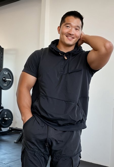 male focus,bara,muscular male, pectorals, muscular, large pectorals, huge nipples, covered nipples, short hair , mature male, thick thighs , erection, stubble, blush, thick eyebrows, looking at viewer, black hair, sideburns,  score_9, score_8_up, score_7_up, score_6_up, score_5_up, score_4_up,  (((htkangface))), East Asian face,  sweaty, hairy armpits,  Photorealistic,  precum, lactation,  tanned skin,  seductive smile, standing, flaccid penis, hoodie, (hands in hoodie pocket:1.2) pubic hair, in gym, cargo pants, erected penis through pants, penis under pants, big bulge pants
