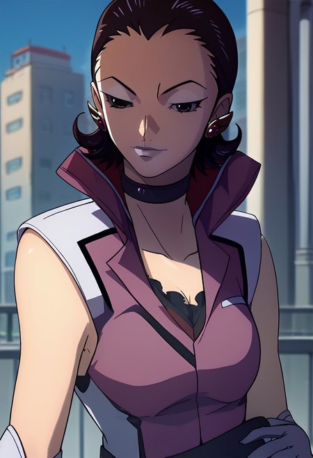 score_9, score_8_up, score_7_up,best quality,Mudie, brown eyes ,collar, female, earrings , grey eyeshadow, grey lips, military uniform, skirt with belt, white gloves solo,city view