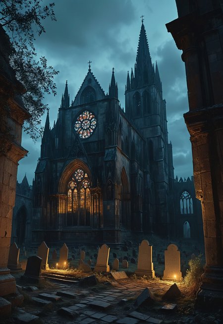 This is a digital painting depicting a dark, eerie, and atmospheric scene of a medieval Gothic cathedral at night. The structure, built from dark, weathered stone, stands amidst a desolate graveyard, with crumbling, ancient tombstones scattered throughout the overgrown, uneven terrain. The cathedral's architecture is intricate, featuring pointed arches, steeples, and a large, circular stained glass window on its side, casting a faint, ethereal glow.
 (8k uhd:1,4),
<lora:add-detail-xl:1>
<lora:Dynamic Poses:1>