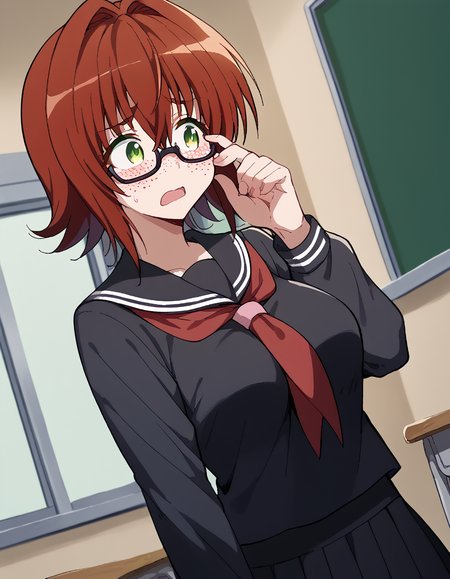 score_9, score_8_up, score_7_up, source_anime, <lora:ryouko-mikado-darkness-ponyxl-lora-nochekaiser:1>, ryouko mikado, short hair, hair between eyes, green eyes, red hair, hair intakes, large breasts, <lora:jimiko-ponyxl-lora-nochekaiser:1>, jimiko, glasses, black-framed eyewear, messy, unkempt, thick eyebrows, twintails, braids, freckles, baggy eyes,, blush, open mouth, embarrassed, classroom, adjusting eyewear, serafuku, black serafuku, red neckerchief, skirt, black skirt, pleated skirt, cowboy shot, <lora:averting-eyes-ponyxl-lora-nochekaiser:1>, averting eyes,, , dutch angle, cowboy shot