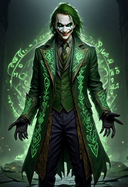 (PEJoker, high quality, HD, full body, dramatic lighting, cinematic composition, detailed, glowing rune costume, dark green glowing runes, intense eyes, wide smile, concept art, trending on ArtStation, (dark, evening, (vignette)))