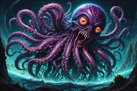 a monsterous creature consuming a planet,tentacles,liquid,multiple eyes,
