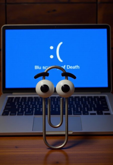 clippy with big eyes in front of a computer screen that depicts the blue screen of death