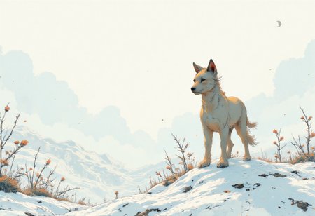 A vast, endless white expanse stretches in all directions, pure and unbroken, as if the world has been stripped down to its essence. On the right of this void stands an animal, solitary and surreal. Its form is simple yet otherworldly, blending sharp details with abstract touches. Its coat—or feathers, or scales—shimmer with a pearlescent sheen, reflecting soft hints of color: faint golds, silvers, and pastel blues that seem to shift and dissolve in the light.
The animal’s pose is both deliberate and enigmatic, as though frozen mid-motion or caught in a moment of profound thought. Its shadow stretches impossibly long across the white surface, fading into the distance like a whisper. Around it, the void is almost tangible, the emptiness pressing inward, creating an aura of quiet significance around the creature.
Above, the sky is barely distinguishable from the ground, a pale, glowing expanse that hints at infinity. A single, faint mark—perhaps a crescent moon or the outline of an eye—hovers far above, a subtle, symbolic presence in the overwhelming blankness.
The scene is serene yet charged with meaning, the animal a lone figure in a world of quiet potential, where every movement and shadow feels like part of a story yet to be written.
