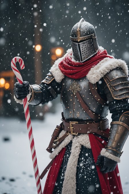 cinematic photo dark souls warrior with (santa costume:1.2),holding candy cane,snowing . 35mm photograph, film, bokeh, professional, 4k, highly detailed