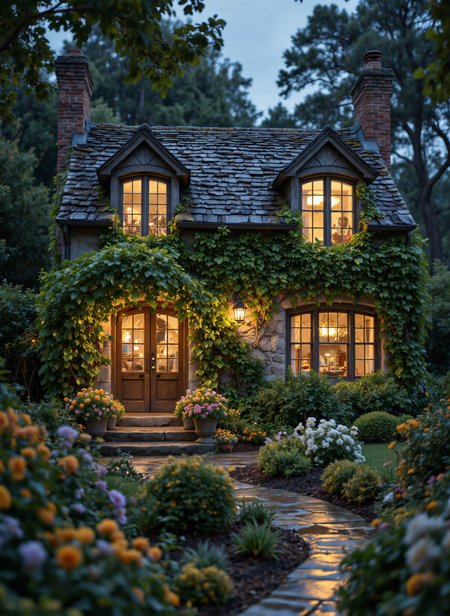 The image depicts a charming, rustic house enveloped in lush English green ivy, likely captured during the early evening or twilight hours. The house has a quaint, old-world architectural style, with a steeply pitched cedar shake roof covered in weathered shingles. The roof features a small, brick chimney, adding to the cozy, countryside feel. The walls of the house are partially covered in English ivy, which cascades down the sides, blending seamlessly with the surrounding foliage. The windows are adorned with wooden frames, and the warm, golden light from inside the house creates a welcoming and inviting atmosphere. The windows are large, with multiple panes, and the light spills out, illuminating the pathway leading to the entrance. The entrance itself is framed by a small, arched porch, with a double wooden door that appears to be slightly ajar, suggesting an invitation to enter. The door is flanked by potted plants and flowers, adding a touch of color and life to the scene. The pathway leading to the house is made of stone, and it is wet, likely from recent rain, which is evident from the glistening reflections of the light on the stones. The path is lined with various mature plants, flowers and shrubs, contributing to the overall lush and verdant appearance of the garden. In the background, there are tall trees, their leaves slightly blurred, indicating a gentle breeze or the soft focus of the photograph. The overall mood of the image is serene and peaceful, evoking a sense of warmth and comfort. 