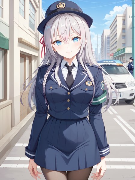 ((score_9)), ((score_8))
 smile, looking at viewer, cowboy shot, closed mouth, standing, streets, sidewalk, tokyo \(city\), 
<lora:add-detail-xl:1>
  alyav4, 1girl, long hair, grey hair, blue eyes, ribbon, hair ribbon,  hair between eyes, 
 <lora:Alya-sanV3-04:0.9> 
 <lora:police_pony_V1.0:1> police, police uniform, skirt, hat, pantyhose,
