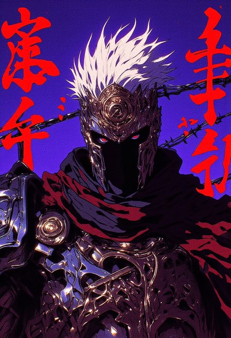 A digital illustration (stylized_artwork:1.3) in a dark, gritty manga or anime-inspired style, featuring a male character with a stern, intense expression. He has spiky, white hair and wears a headband adorned with a circular emblem, featuring an Illuminati-style eye at its center. His eyes are red, adding to the fierce, intense look, and a black scarf covers his mouth and nose, emphasizing his mysterious and secretive nature. The character dons a high-collar, armored suit with a metallic sheen, suggesting a futuristic or military vibe. The background is a striking violet, contrasting sharply with the dark elements of the character’s design, amplifying the atmosphere of urgency and tension. Bold, red Japanese characters are scattered across the violet backdrop, heightening the dramatic effect. Framed by a barbed wire fence that runs horizontally across the image, the character's environment reflects a sense of confinement and danger. The illustration is highly detailed, with sharp lines and shadows creating depth and texture, while the overall color palette remains dark and moody. Strong contrasts between the violet, red, and black elements emphasize the foreboding atmosphere, with bold lines and expressive facial features highlighting the character's raw emotion and power.