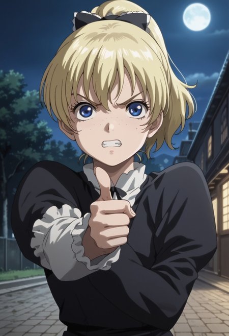 score_9, score_8_up, score_7_up, source_anime,masterpiece,best quality,highres,absurdres,official art,official style,source_anime,anime screencap,anime coloring,megami magazine,anime,animated,zPDXL2,skin highlights, (1girl,solo), Patty_Lowell, freckles, blonde hair, blue eyes, high ponytail, black dress, clenched teeth, angry, night, outdoors, pointing at viewer