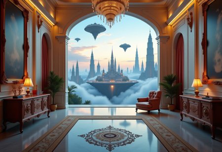 the most realistic, photorealistic photo ever taken [inside a luxurious mansion leading to a majestical city in the clouds, a GIRL FANTASY dream world with tall and modern skyscrapers, BRIGHT COLORS, floating islands in the sky, shifting landscapes, and ethereal creatures, Captured with a Hasselblad X2D 100C and an 80mm f/1.9 lens, hyper-realistic textures, elegant shadows, incredible realism, creamy bokeh, ultra-detailed textures, perfect lighting], aidmamj6.1, aidmaimageupgrader