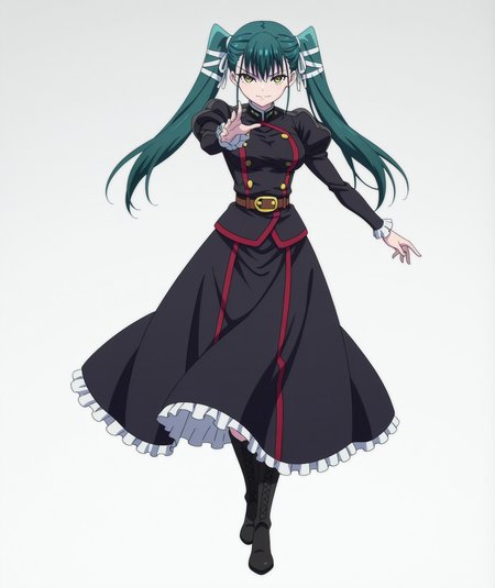 official art, absurdres, highres, anime coloring, hi res, best quality, masterpiece, 2d, intricate details, 4k,
1girl, solo, long hair, bangs, black hair, bow, twintails, yellow eyes, hair bow, green hair, 
breasts, medium breasts, shirt, long sleeves, jacket, belt, black jacket, uniform, military, military uniform, juliet sleeves, frilled sleeves, 
skirt, long dress, long skirt, black skirt, frilled skirt, boots, 
looking at viewer, 
depth of field, white background, gradient background, <lora:Yachiho_Azuma_ILXL:1>, mato seihei no slave, azuma yachiho,