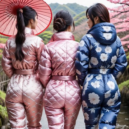 (from behind her back)  group of japanese girls wearing aJapanese-inspired prints (e.g., Shibori)    downsuit puffer_downsuit , hyperdetailed photography,4k textures,intricate details,4k resolution,  <lora:puffer_downsuit_v1:0.4> romantic scene