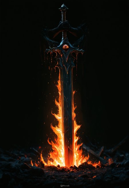 solo, weapon, sword, no_humans, blood, black_background, fire, 1other, eyeball, one-eyed, huge_weapon, dripping, planted, broken, crack, planted_sword, greatsword, depth of field, photo \(medium\), 
best quality, very awa, highres, newest