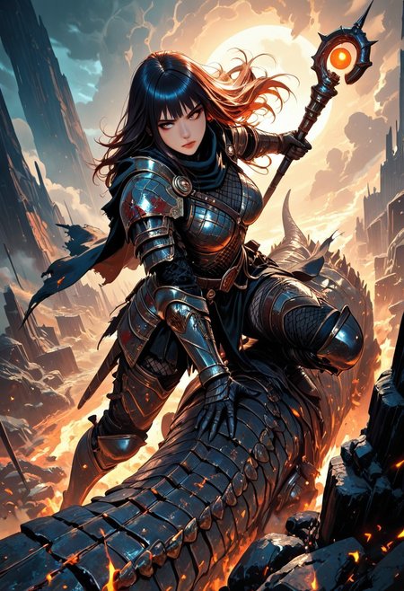 (masterpiece), (best quality), (8k),
1girl, beautiful, breasts, scale armour, battle scarred, damaged armor, fishnets under armor, bangs, long hair, red plated armour, holding staff, battle stance, dynamic angle, ancient fantasy city, battle-ready stance, dynamic pose, at night, moonlight, riding a nimbus cloud, nimbus, wukong theme, directional lighting, viewed from above,