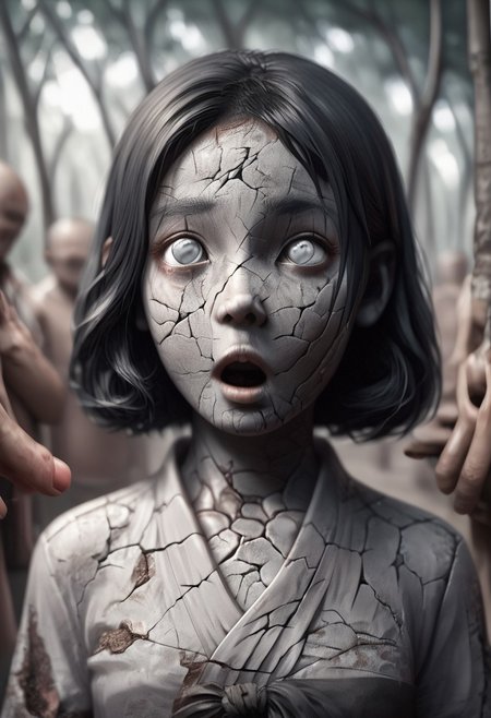 score_9, score_8_up, score_7_up, score_6_up, easynegative, masterpiece, the highest, perfecteyes,  , girl, kimono ,black hair, scythe, ,jewelry,geisha, facial cracks,porcelain body,doll,doll joints,clay girl,petrifaction girl,detailed cracked skin,gray eyes,empty eyes,cry, arm reaching,abdication