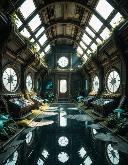 The interior of an ancient abandoned spaceship, overtaken by lush vegetation. The walls and ceiling are covered in thick, twisting vines and moss. Strange alien plants glow faintly in shades of blue and green, casting an eerie, mystical light across the metallic surfaces. Rusted control panels and shattered glass windows hint at a long-forgotten past. The floor is cracked and partially flooded with still, reflective water. Patches of bioluminescent fungi cling to the corners, adding a surreal atmosphere. The air feels heavy with moisture, and beams of soft, diffused light filter through holes in the hull, creating dramatic shafts of light and shadow. The overall style is hyper-realistic, rich in textures, with a cinematic and slightly melancholic mood.<lora:SDXLFaeTastic2400:0.4> <lora:extremely_detailed:0.4> extremely detailed,ancient abandoned sp4c3sh1p, <lora:ancient_abandoned_sp4c3sh1p-i:1>, Masterpiece,best quality,hi res,8k,hi res,8k,award winning,(sharp focus, intricate, highly detailed),