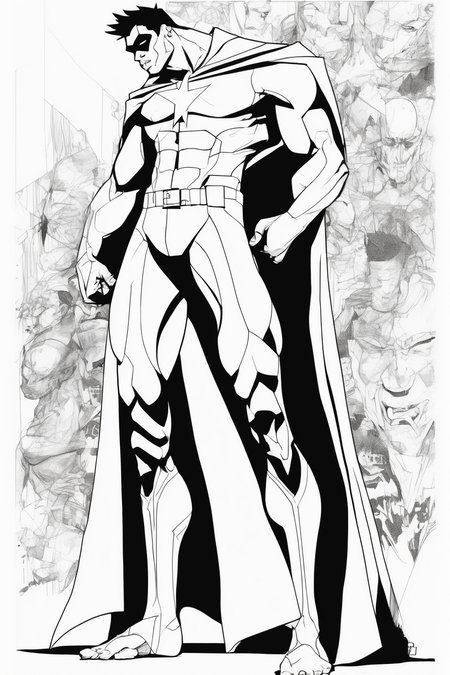 Jim Mahfood Style - a drawing of a male super hero, full feet, right half of the body is black and other half is white