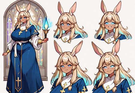 best quality, masterpiece, intricate details, 1girl, sexy, rabbit girl, tan skin, blonde hair, glowing hair, luminous hair, female cleric, hands holding light, plump body, blue eyes, glowing eyes, motherly expression, loving smile, large breast, two-tone hair, red dyed side locks, ribbon hair-ties,  embedding:waifus\HDA_CamilaXL.safetensors , tan skin, cleric robes, detailed embroidery, laurel thigh-garter,  embedding:waifus\, gold anklet, armlet, reference sheet, church interior background, 
 embedding:hda\HDA_MasterpieceXL_v.1.safetensors 
<segment:face,0.4,0.1//cid=1>
<segment:yolo-PitHandDetailer-v1b-seg.pt,0.4,0.25//cid=2>
<segment:yolo-adetailerFootYolov8x_v20.pt,0.4,0.6//cid=3>