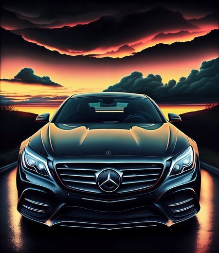 (abstract:1.2) front view (the mercedes car, beautiful clouds, night:1.1) portrait, artistic sharp gloomy art, DMMID Style