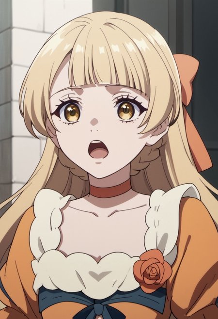 score_9, score_8_up, score_7_up, source_anime, tiara royal ivy, long hair, blonde hair, yellow eyes, 1girl, solo, orange dress, open mouth, choker, anime coloring, dress, bow, hair bow