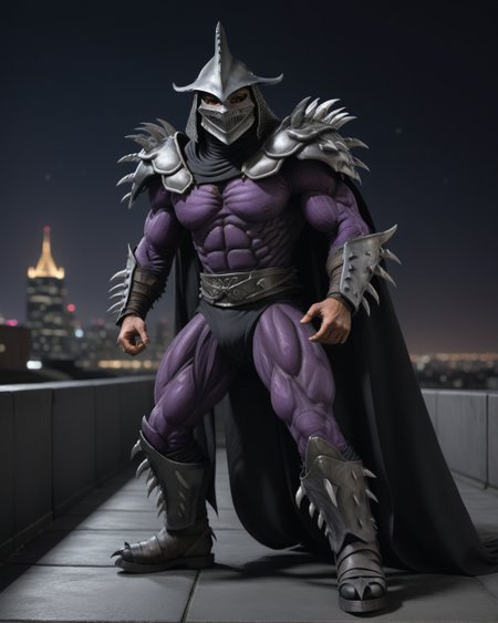 cinematic, (on a city rooftop, at night, bokeh, realistic lighting, ray tracing, bloom), ((full body shot)), a highres RAW photo of a TMNTSuperShredder 1man armored samurai knight, wearing a dark purple outfit with serrated claw spike pauldrons and serrated claw gauntlets and serrated claw armored boots and serrated metal samurai helmet with mask, long black cape, <lora:TMNTSuperShredder_SDXL:0.5>, ((muscular, fitness physique)), atmospheric, ((photorealism, photorealistic:1.4)), 8k, highly detailed, intricate detail