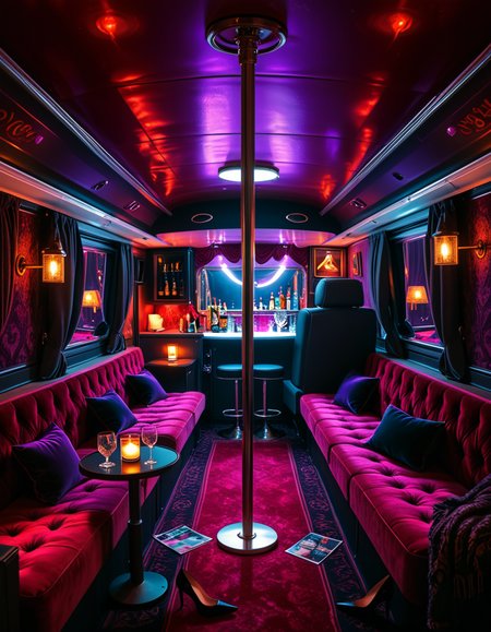 The interior of an old RV transformed into a mysterious, shady lounge with a moody and dimly lit atmosphere. The space is filled with deep red and purple lighting, creating a sultry neon glow. In the center stands a chrome pole mounted to the ceiling and floor, surrounded by plush velvet seats and low tables with half-empty glasses and flickering candles. The walls are lined with heavy curtains and faded wallpaper, giving a vintage and secretive vibe. A small bar area in the back holds various bottles and glasses, with a mirror backsplash reflecting the dim lights. The floor is covered in worn carpets and scattered with high heels, scarves, and old magazines. Subtle details hint at an underground lifestyle, without showing anything explicit. The overall ambiance is smoky, intimate, and cinematic. Highly detailed, noir-inspired, low-key lighting, retro-modern fusion style.
<lora:SDXLFaeTastic2400:0.4> <lora:extremely_detailed:0.4> extremely detailed<lora:4dult_rv:1>,4dult rv, Masterpiece,best quality,hi res,8k,hi res,8k,award winning,(sharp focus, intricate, highly detailed),