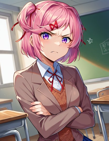 score_9, score_8_up, score_7_up, source_anime,
ddlcnatsuki, <lora:ddlc-natsuki-ponyxl-lora-nochekaiser:1>
ddlcnatsuki, fang, hair ornament, pink hair, purple eyes, short hair, short sidetail, swept bangs, x hair ornament,
blazer, blue skirt, brown jacket, collared shirt, jacket, long sleeves, miniskirt, neck ribbon, pleated skirt, red ribbon, ribbon, school uniform, shirt, skirt, swept bangs, vest, white shirt, wing collar, x hair ornament,
indoors, classroom, sitting, crossed arms, desk, chair, angry, anger vein,
looking at viewer, dutch angle, cowboy shot,