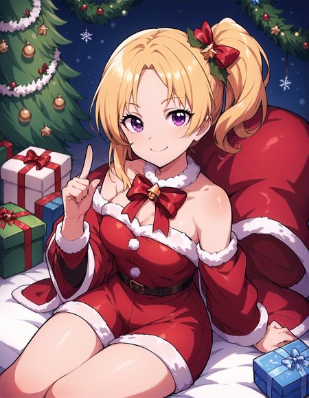 score_9,score_8_up,score_7_up,1girl,solo,looking at viewer,smile,closed mouth,index finger raised,sitting,gift box,
<lora:kiryuutsukasa_ponyXLV6:0.8>,cgkt,blonde hair,parted bangs,side ponytail,purple eyes, 
red bow,christmas costume,bare shoulders,miniskirt