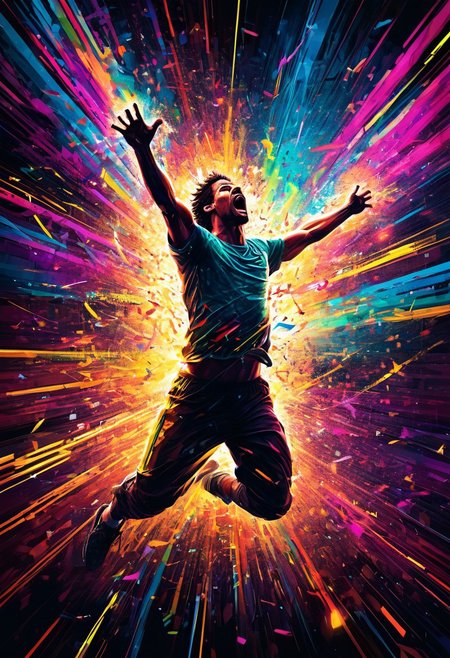 A player is liberated from a digital system, their words breaking free in stuttered excitement, proclaiming their newfound freedom. The cinematic image depicts a figure breaking through digital constraints, exuding a sense of power and release. Vivid colors and sharp lines convey a strong sense of movement and triumph. Every pixel bursts with energy and vibrancy, capturing the viewer's attention and drawing them into the exhilarating moment of liberation.