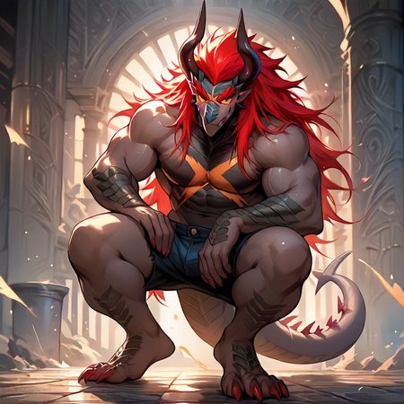 score_9, score_8_up, score_7_up, detailed background, full body, <lora:Batzz:0.9> dragon boy, batzz, bara, colored sclera, horns, long hair, red hair, shorts