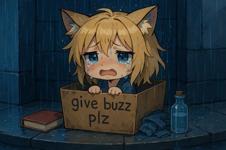 Sad, crying anime chibi catgirl in a cardboard box that reads "give buzz plz". She has blonde, fluffy, messy hair. Beside the box she has few belogings such as a book, some clothes and a bottle. The scene takes place in a sad corner of the street under a heavy rain that wets everything. No mexico filter. Use vivid color.