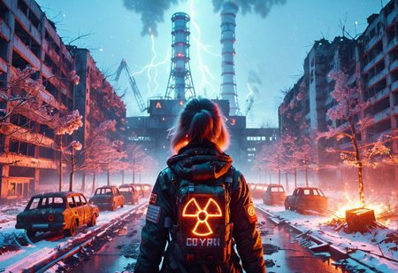 4D render, Chernobyl disaster, The nuclear power plant was destroyed after the explosion , Intercontinental ballistic missile Nuclear weapon, Russian alphabet, Apocalypse,girl, fire, detailed face, portrait, glowing x, minimalist outfit, anti social , falling snow, flower,cyberpunk art style,ruined ancient city,Professional styling, intricate details,8k post production, faithful, Religious denomination,