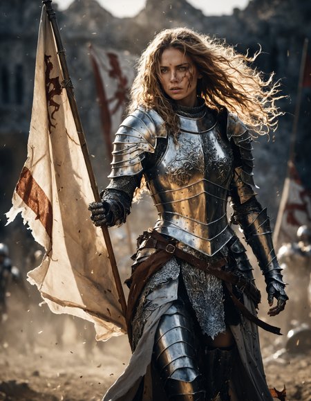 Mysterious armored female  knight, with flowing hair and intricate armor, bathed in soft, ambient light.
Holding a torn banner or flag, with a grim expression, chaotic battlefield,
Realistic shadows cast by the armor, adding depth.High clarity on the figure, with a soft focus on the background.