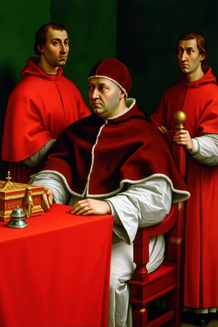 raphael1 painting.
A central figure is a man dressed in the elaborate red and white garments of the Pope, seated at a table covered with a red cloth. On the table, there is a small ornate box and a silver-colored object, possibly a ceremonial item. Two other priests stand beside the central figure, also dressed in red robes.
 <lora:raphael1_cap_d6a3:1.0><lora:843635111699276566:0>