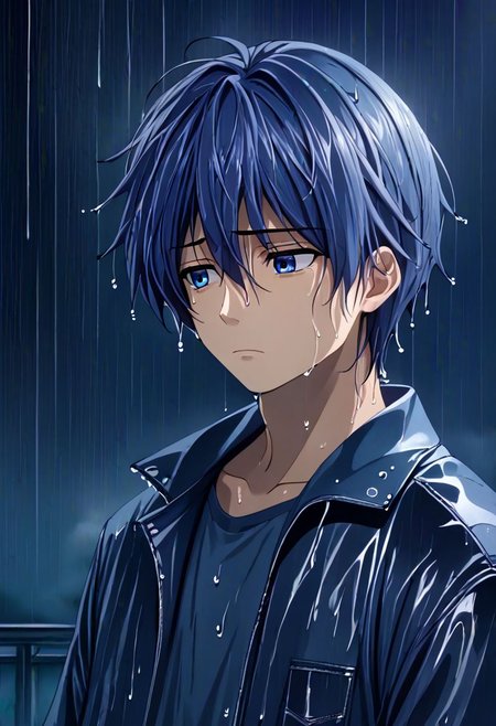 high resolution, solo, best quality, 1Boy, Tomoya Okazaki, Grey Blue Hair, heavy rain, night, looking down, sad, leather jacket, looking away, wet, wet hair, OverallDetail