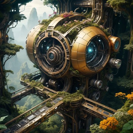 Biomorphic stunning abondend space station ruin in forest biomechanical interface maximalist perfect illustration, digital painting art, scifi, futuristic, utopian, machine parts, body parts, wires, circuits, highly detailed, floral, octane render, cinematic, aerial look from above, hauntingly surreal, highly detailed and intricate, rich deep colors, intricate artwork masterpiece, ominous, matte painting movie poster, golden ratio, intricate, epic, artistic masterwork by head of prompt engineering  <lora:xl_more_art-full_v1:0.5> <lora:add-detail-xl:2>