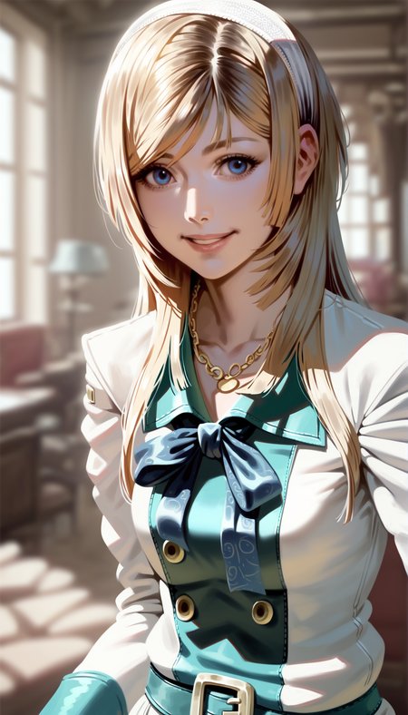score_9,score_8_up,
realistic,(bloom:1.2),
<lora:leanne:1>,leanne,
1girl,solo,blonde hair,long hair,bangs,white hairband,dark blue neck ribbon,blue eyes,looking at viewer,smile,
white coat with teal accents,victorian-inspired dress,necklace,
portrait,
indoors,blurry background,living room,