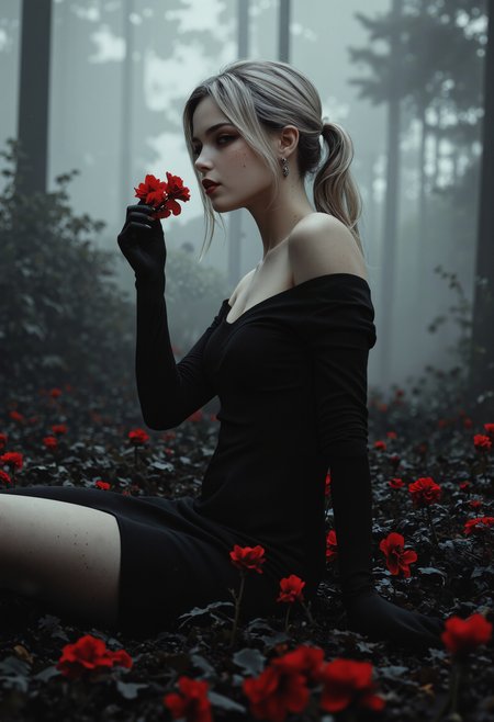 In the style of ff-nn, 1girl, solo, long hair, blonde hair, (((yellow)) eyes), sitting on ground, (freckles), ponytail, ((red lips)), (medium breasts), earrings, (black) off shoulder pencil dress, bare shoulders, strapless, sly smirk, looking at viewer, ((((smelling a red flower towards viewer)))), dynamic pose, dynamic angle, mesdy loose hair, makeup, gorgeous, elite, hand on her hip, cleavage, ((side view)), noir style, noir ambiance, fog, ((((detailed nature background)))), ((pale skin)), (femme fatale, detective, dimly lit),  <lora:Neo_Noir:0.54> <lora:Dark_Gray_Photography_flux:0.29> <lora:anime_inspired_art_luci:0.43> <lora:Hand v2:0.85> <lora:Lomographic-000007:0.36>