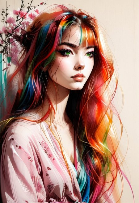masterpiece,best quality,detailed background, <lora:hyperSD8:1>,
1girl, red hair, long hair, blunt bangs, hime cut, green eyes, eyelashes, large BREASTS, <lora:UKIYO-E_V3:1> ukiyo-e, DETAILED EYES, BORED, loose clothes, expressionless, saturated colors, vibrant colors