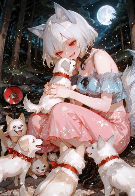 safe_pos, masterpiece, best quality, amazing quality, very aesthetic, absurdres, newest, highres, 4k,8k,Ultra HD, extremely detailed,
1girl, mitsugashira enoko(touhou), Enoko Mitsugashira(touhou), 
fang, instrument, smile, open_mouth, multiple_tails, blue shirt, pink_skirt, bare_shoulders, wolf_tail, :d, midriff, 
white hair, dog ears,
medium_breasts,
girl_with_cats, dogs,  animal,  holding animal,<lora:girl_with_cats:0.6>,multiple dogs, dogs jump,girl surrounded by many dogs, holding, (holding 3 white dogs:1.2),
forest, squatting,
night, moon, soft lighting, 
close up, very close-up shot,
spotlight, light particles,
748cmstyle, usnr, luminescent color