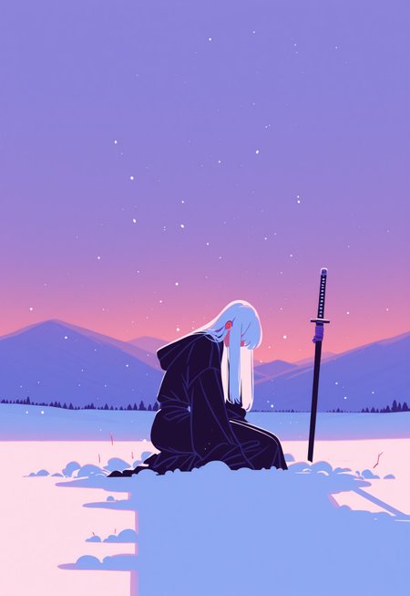 score_9, score_8_up, score_7_up, masterpiece, best quality, very aesthetic, incoth, (incase:0.6),  (dynamic:1), 1girl, covered in snow, ontop of hill, ice, snow, kneeling, slumped shoulders, looking down, long hair, hair covering face, white hair, robes, serene, wide shot, katana stuck in ground, sideview, Flatline, Flat vector illustration, twilight, against horizon, 