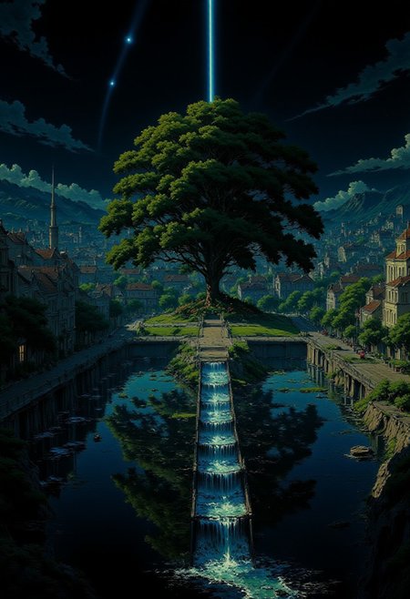 AnimeSky style, anime style, high lighting, Minimalist style city, with an octagon shape and canals that connect in the center of the city, the central focus is a large tree that emanates a faint blue light from its leaves and is surrounded by water, which connects to the canals and connects with eight bridges between the canals to the city, it will have some large squares and houses, the sky would be at night where you can see a large galaxy accompanied by some planets.
high quality, best quality, masterpiece, high definition, high resolution