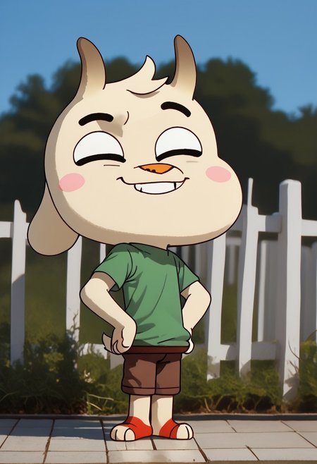 score_9, score_8_up, score_7_up,1boy, solo, cute boy,  1boy, solo, Chichi, goat, pale cream-colored goat, two horns, dark brown horns, fluffy tail, tuft of hair , pink cheeks, orange nose, Barefoot, hands on hips, smug smile, PONYXL_AlexRoss_ComicArt_ownwaifu