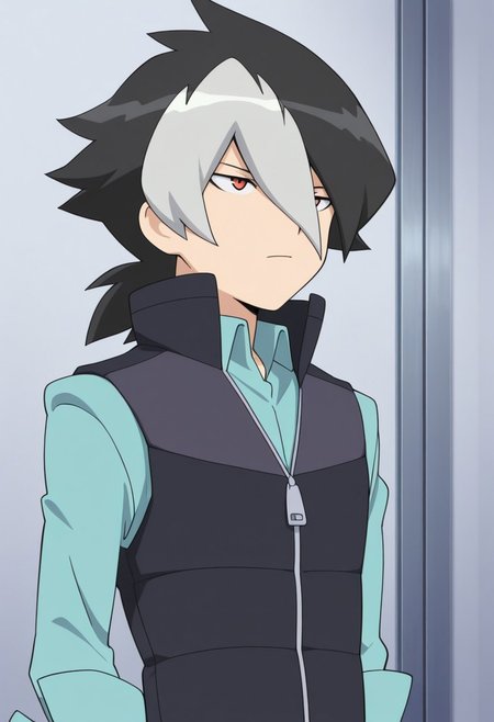 masterpiece,best quality,amazing quality, 
JinKaidou, 1boy, male focus, solo, red eyes, multicolored hair, black hair, grey hair, hair between eyes, shirt, blue shirt, collared shirt, vest, popped collar, zipper, zipper pull tab,