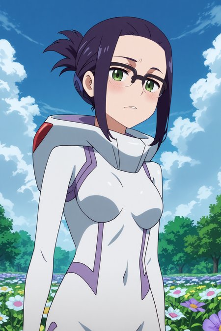  ikuno,1girl,solo,glasses,short hair,bodysuit,white bodysuit,folded ponytail,upper body,looking_at_viewer BREAK outdoors,blue sky,cloudy_sky,purple flower,flower field,tree  <lora:Ikuno_-_Darling_in_the_franxx.safetensors:0.8> <lora:detailed_backgrounds_v2.safetensors:0.5>